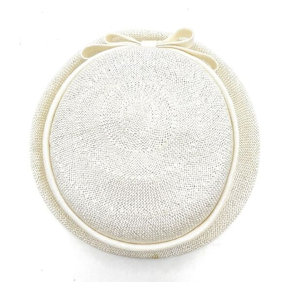 Vintage 1950s Cream Straw Sailor Hat Antique Ivory Boater Skimmer W Bow Detail - Picture 8 of 11